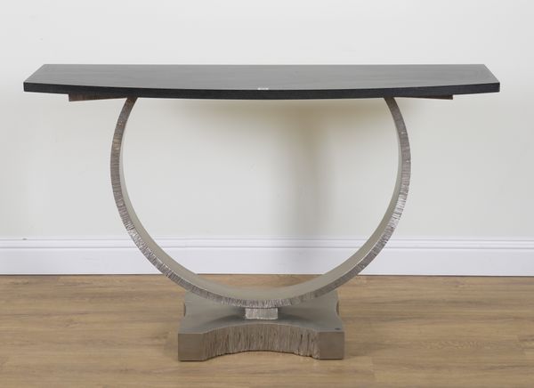 VILLIERS ENGLAND; A MODERN MARBLE TOPPED CHROME CONSOLE TABLE