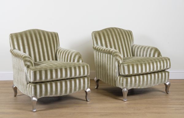 INTERIOR WORKSHOPS; A PAIR OF GREEN STRIPED UPHOLSTERED ARMCHAIRS (2)