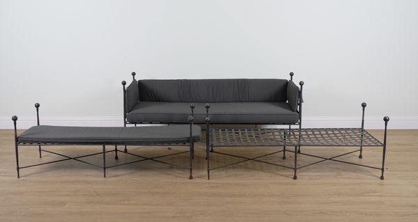 A BLACK PAINTED STRAP IRON GARDEN BENCH (3)