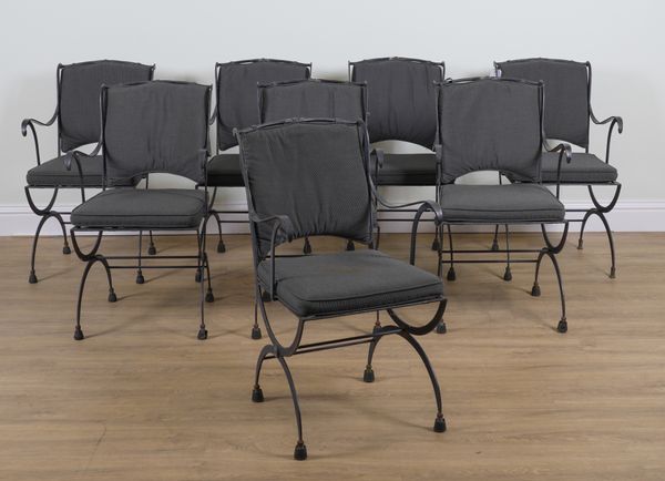 A SET OF EIGHT BLACK PAINTED METAL OPEN ARMCHAIRS (8)