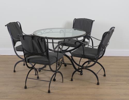 A BLACK PAINTED METAL CIRCULAR GLASS TOPPED TABLE (5)