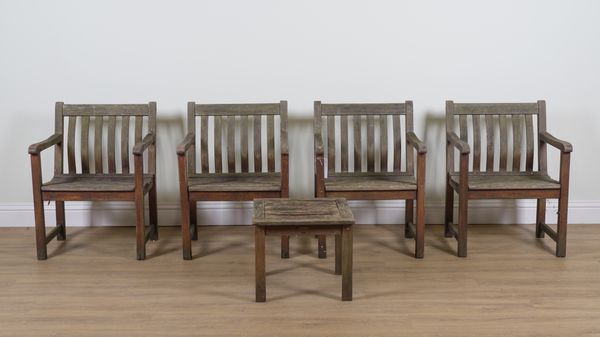 A SET OF FOUR HARDWOOD GARDEN OPEN ARMCHAIRS (5)