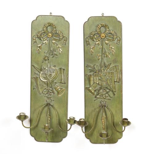 A PAIR OF LOUIS XVI STYLE GREEN PAINTED WOOD AND COMPOSTION THREE LIGHT WALL APPLIQUES (2)