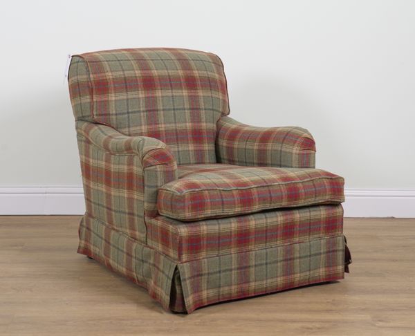 A 20TH CENTURY TARTAN UPHOLSTERED EASY ARMCHAIR