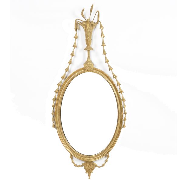 A GEORGE III ADAM STYLE OVAL GILT FRAME MIRROR