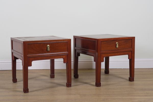 J.L. GEORGE & CO; A PAIR OF CHINESE EXPORT HARDWOOD SINGLE DRAWER BESIDE TABLES (2)