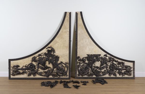 A PAIR OF 19TH CENTURY FOLIATE CARVED STAINED LIME WOOD CORNER WALL BRACKETS (2)