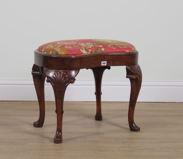 A GEORGE II STYLE WALNUT KIDNEY SHAPED FOOTSTOOL