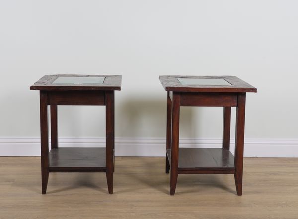 A PAIR OF MODERN GLASS INSET HARDWOOD SQUARE TWO TIER OCCASIONAL TABLES (2)