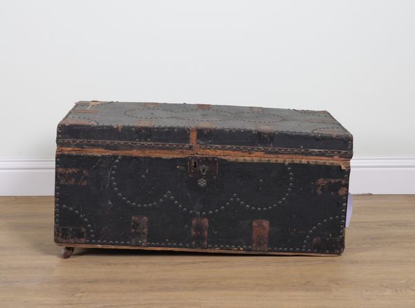 A LATE 18TH CENTURY BRASS STUDDED LEATHER VENEERED TRUNK