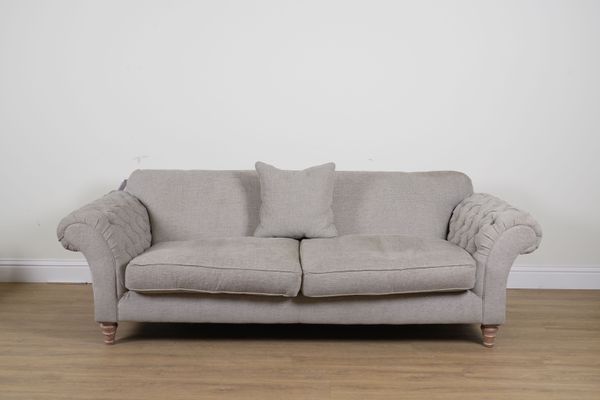 WITHDRAWN A MODERN GREY UPHOLSTERED SOFA