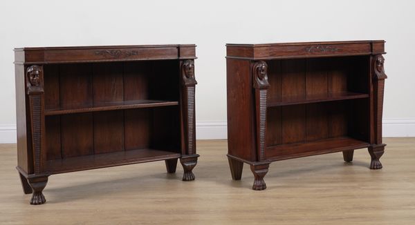 A PAIR OF EMPIRE REVIVAL MAHOGANY FLOOR STANDING OPEN BOOKCASES (2)