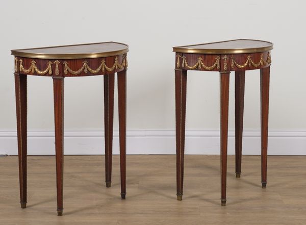 A PAIR OF GILT METAL MOUNTED ROSEWOOD BANDED PARQUETRY INLAID DEMI LUNE CONSOLE TABLES (2)