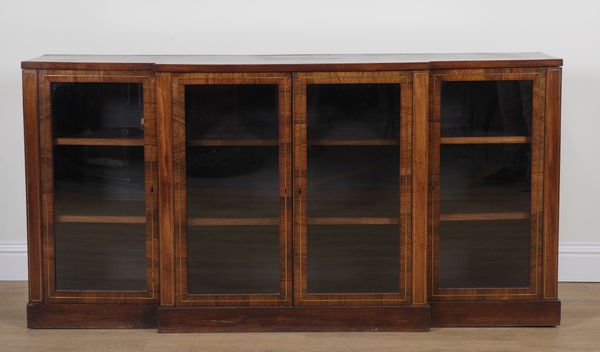 A 19TH CENTURY BRASS INLAID ROSEWOOD FLOOR STANDING BREAK FRONT FOUR DOOR BOOKCASE