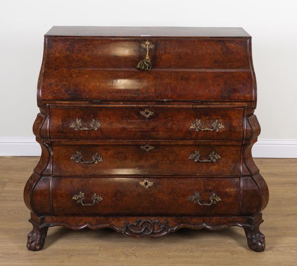 AN 18TH CENTURY DUTCH WALNUT BOMBE THREE DRAWER BUREAU