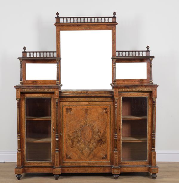 A VICTORIAN GILT METAL MOUNTED FIGURED WALNUT MIRRORED BACK SIDE CABINET