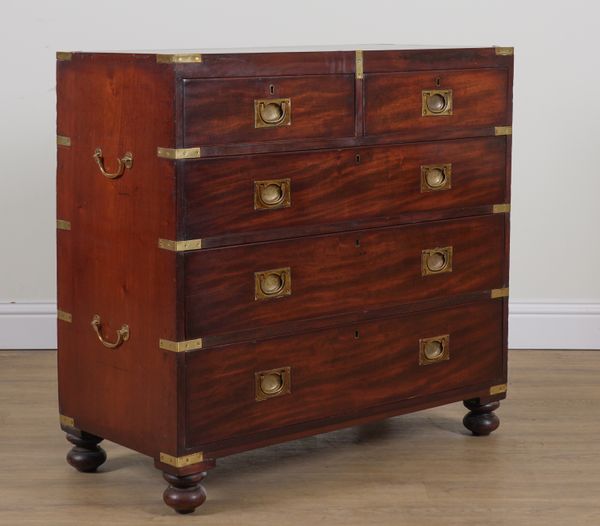 A CAMPAIGN STYLE BRASS BOUND MAHOGANY FIVE DRAWER CHEST