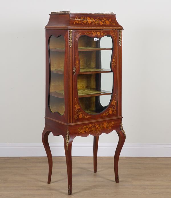 A LOUIS XV STYLE GILT METAL MOUNTED MARQUETRY INLAID VITRINE