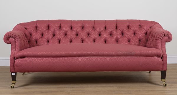 A VICTORIAN STYLE MAHOGANY BUTTONBACK UPHOLSTERED CHESTERFIELD SOFA