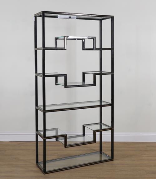 PIERRE VANDEL; A FRENCH BLACK LACQUERED METAL SIX TIER OPEN BOOKCASE
