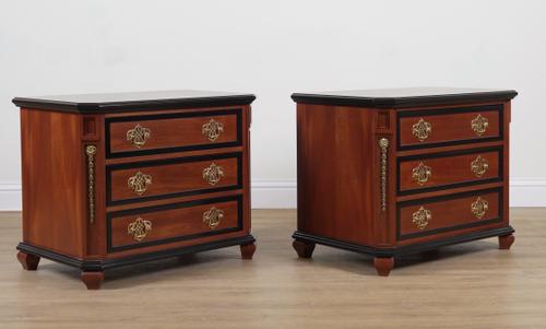 BRACKENBURY; A PAIR OF MAHOGANY GILT METAL MOUNTED THREE DRAWER BEDSIDE CHESTS (2)