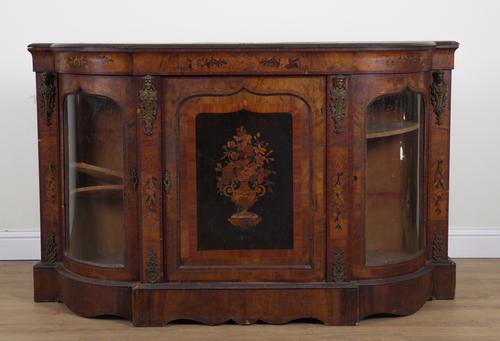 A VICTORIAN GILT METAL MOUNTED MARQUETRY INLAID WALNUT CREDENZA
