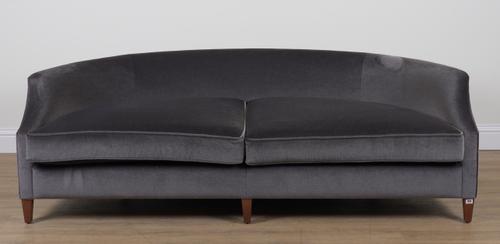A PAIR OF GREY UPHOLSTERED CURVED BACK SOFAS (2)