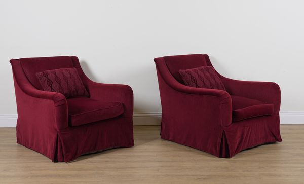 A PAIR OF RED UPHOLSTERED EASY ARMCHAIRS (2)