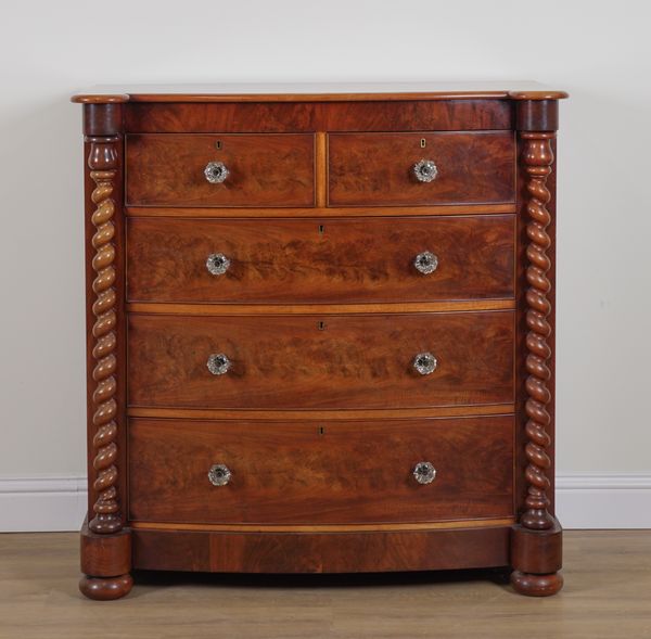 A VICTORIAN MAHOGANY BOWFRONT FIVE DRAWER CHEST