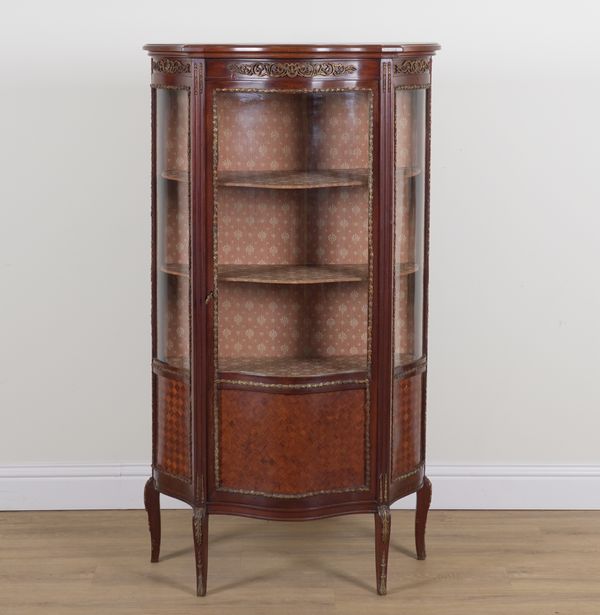 A LOUIS XV STYLE KINGWOOD PARQUETRY INLAID WALNUT BOWFRONT DISPLAY CABINET