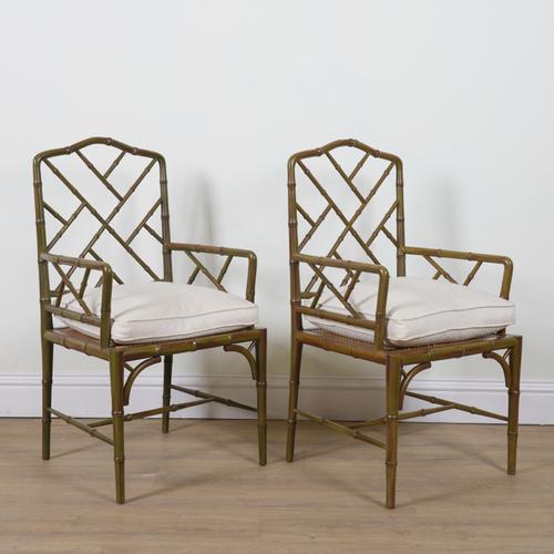 A PAIR OF REGENCY STYLE FAUX BAMBOO GREEN PAINTED OPEN ARMCHAIRS (2)