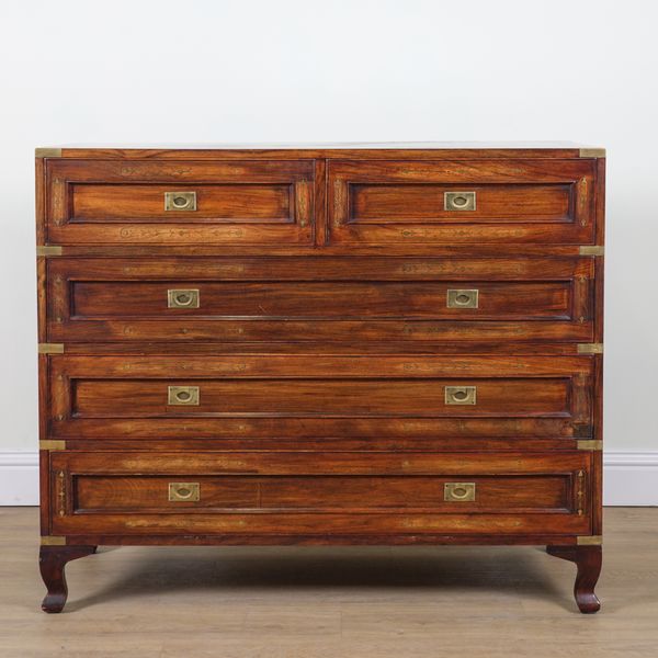 A CAMPAIGN STYLE BRASS INLAID TEAK CHEST OF DRAWERS