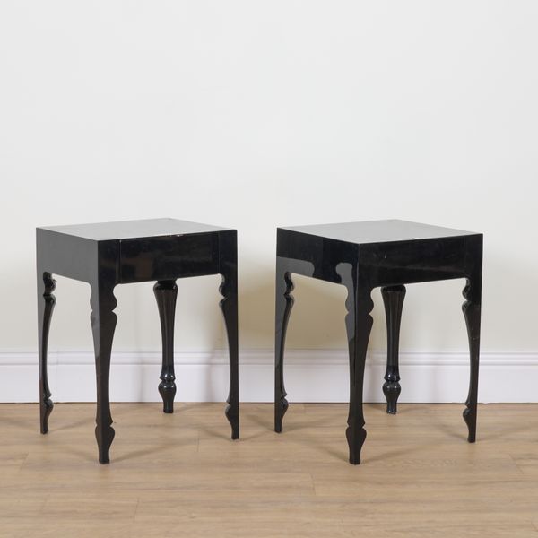 REEVES DESIGN FOR HEALS; A PAIR OF BLACK LACQUER SINGLE DRAWER BED SIDE TABLES (2)