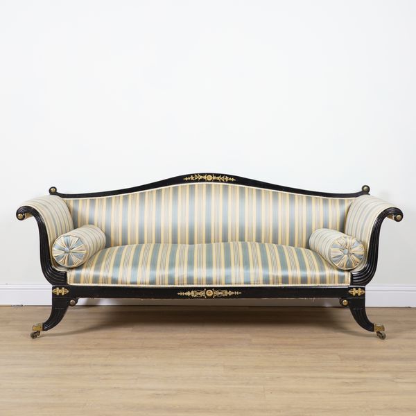 A FRENCH EMPIRE STYLE GILT METAL MOUNTED EBONISED SOFA