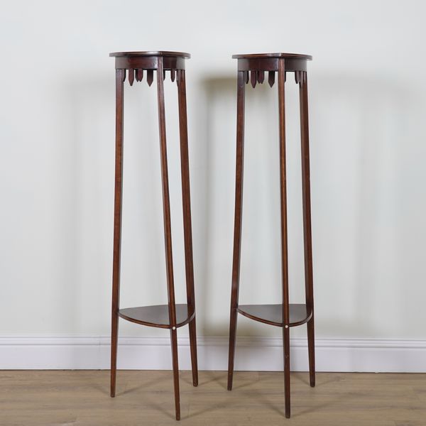 A PAIR EDWARDIAN INLAID MOTHER-OF-PEARL MAHOGANY PLECTRUM SHAPED TALL TWO TIER JARDINIERE STANDS (2)