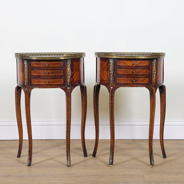 A PAIR OF 18TH CENTURY STYLE FRENCH GILT METAL MOUNTED MARQUETRY INLAID BOWFRONT THREE DRAWER SIDE TABLES (2)