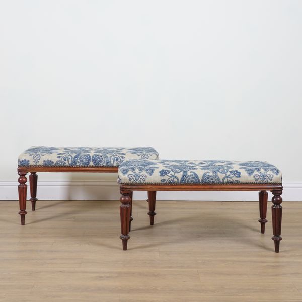 A PAIR OF MAHOGANY FRAMED RECTANGULAR FOOTSTOOLS (2)