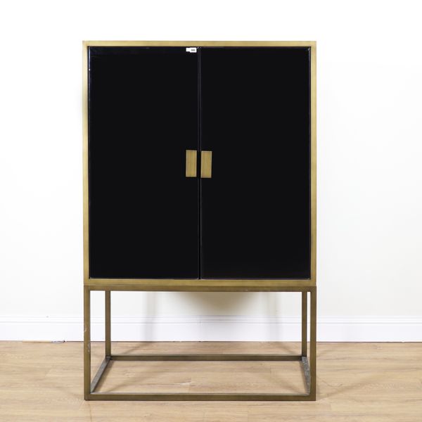 A MODERN BLACK LACQUER TWO DOOR CABINET