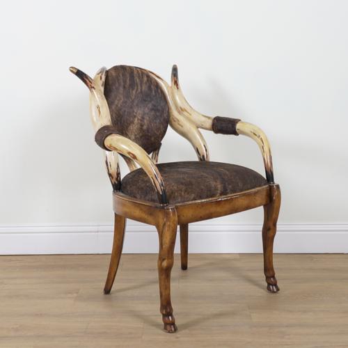 A PAINTED FAUX HORN FRAMED OPEN ARMCHAIR