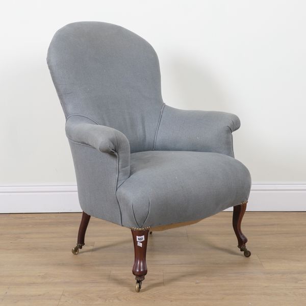 A 19TH CENTURY FRENCH STYLE BLUE UPHOLSTERED EASY ARMCHAIR