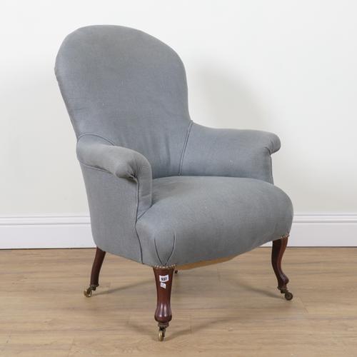 A 19TH CENTURY FRENCH STYLE BLUE UPHOLSTERED EASY ARMCHAIR