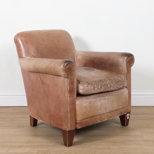A 1920S CLUB STYLE FRENCH TAN LEATHER UPHOLSTERED EASY ARMCHAIR