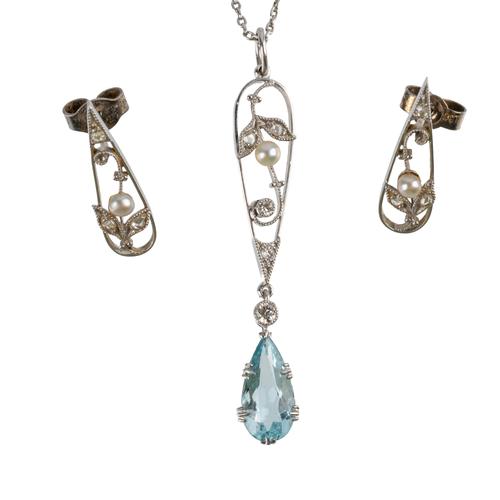 AN AQUAMARINE, PEARL AND DIAMOND NECKLACE AND A MATCHING PAIR OF EARRINGS (3)