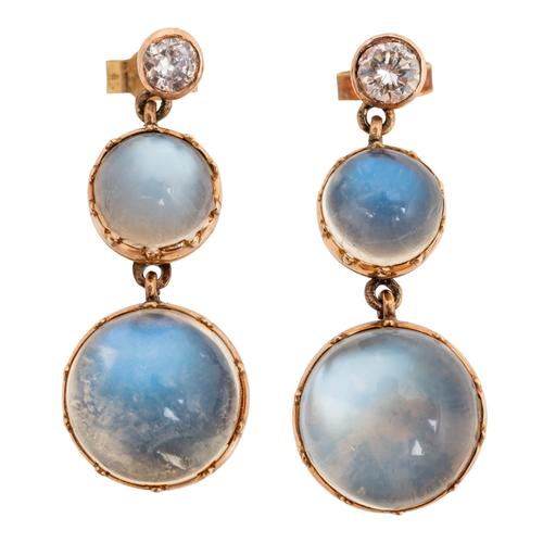 A PAIR OF MOONSTONE AND DIAMOND PENDANT EARRINGS
