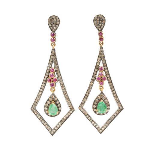 A PAIR OF DIAMOND, EMERALD AND RUBY PENDANT EARRINGS