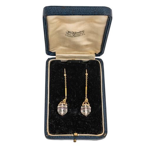 A PAIR OF GOLD, ROCK CRYSTAL AND AMETHYST PENDANT EARRINGS (3)