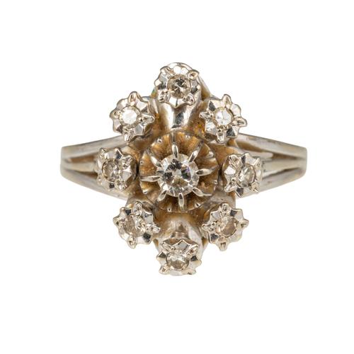 A FRENCH DIAMOND NINE STONE MARQUISE SHAPED CLUSTER RING