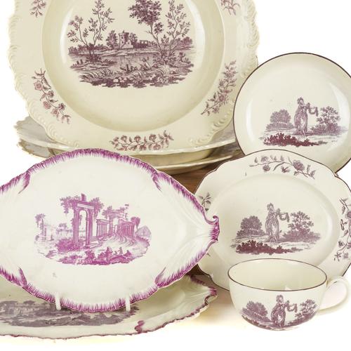 EIGHT ITEMS OF PUCE PRINTED CREAMWARE (8)