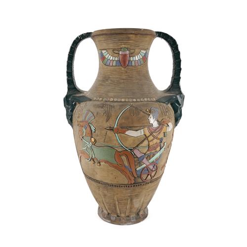 A LARGE AUSTRIAN PAINTED TERRACOTTA EGYPTIAN REVIVAL VASE