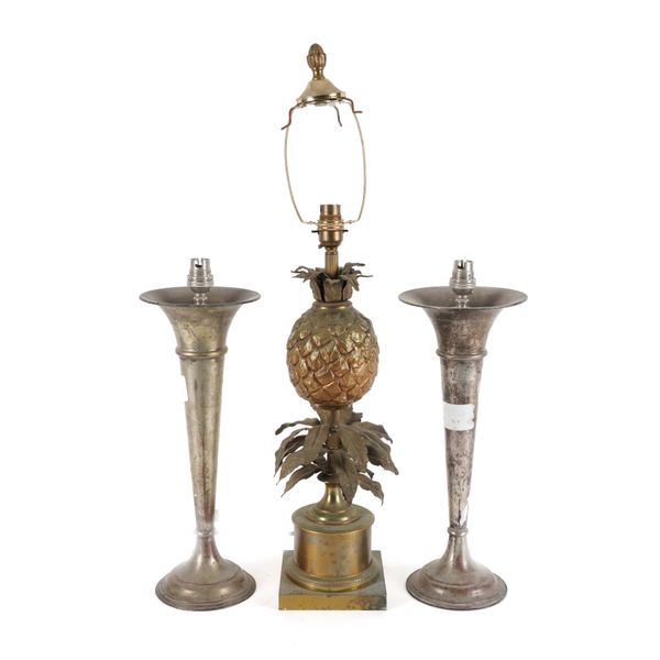 A PAIR OF SILVER-PLATED TRUMPET VASE TABLE LAMPS TOGETHER WITH A BRASS PINEAPPLE TABLE LAMP (3)